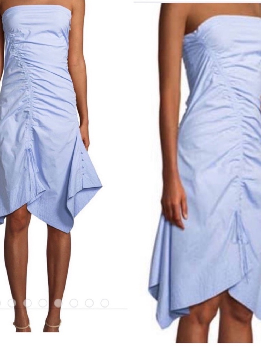 Tanya Taylor Strapless Light Blue Ruched Handkerchief Hem Dress